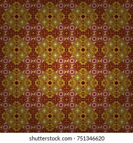 Stylish geometric seamless pattern. Modern vector linear ornament. Regularly repeating tiles grids with brown, yellow and red dots, polygons, hexagons, rhombuses, difficult polygonal outline shapes.