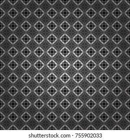 Stylish geometric seamless pattern. Modern vector linear ornament. Regularly repeating tiles grids with white, gray and black dots, polygons, hexagons, rhombuses, difficult polygonal outline shapes.