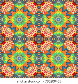 Stylish geometric seamless pattern. Modern vector linear ornament. Regularly repeating tiles grids with beige, orange and blue dots, polygons, hexagons, rhombuses, difficult polygonal outline shapes.