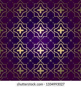 Stylish Geometric Texture. Repeating Background With Chaotic Forms. Vector Ornament. For Wallpaper, Fashion, Print, Scrapbook Paper, Advert, Business, Presentation. Luxury design in purple gold color