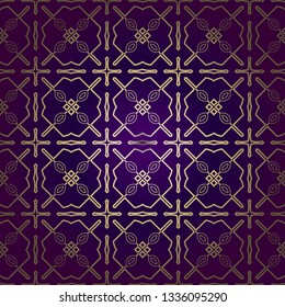 Stylish Geometric Texture. Repeating Background With Chaotic Forms. Vector Ornament. For Wallpaper, Fashion, Print, Scrapbook Paper, Advert, Business, Presentation. Luxury design in purple gold color
