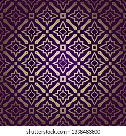 Stylish Geometric Texture. Repeating Background With Chaotic Forms. Vector Ornament. For Wallpaper, Fashion, Print, Scrapbook Paper, Advert, Business, Presentation. Luxury design in purple gold color
