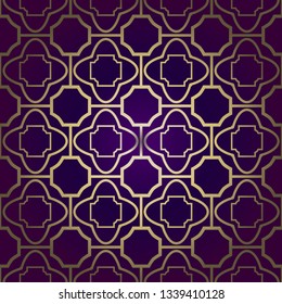 Stylish Geometric Texture. Repeating Background With Chaotic Forms. Vector Ornament. For Wallpaper, Fashion, Print, Scrapbook Paper, Advert, Business, Presentation. Luxury design in purple gold color