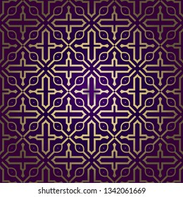 Stylish Geometric Texture. Repeating Background With Chaotic Forms. Vector Ornament. For Wallpaper, Fashion, Print, Scrapbook Paper, Advert, Business, Presentation. Luxury design in purple gold color