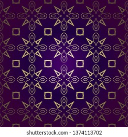 Stylish Geometric Texture. Repeating Background With Chaotic Forms. Vector Ornament. For Wallpaper, Fashion, Print, Scrapbook Paper, Advert, Business, Presentation. Luxury design in purple gold color