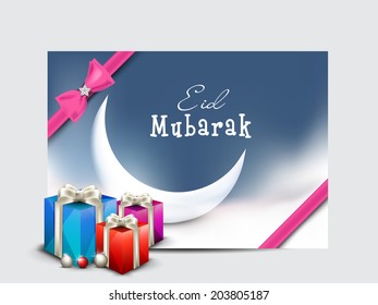 Stylish gift card with crescent moon and gift boxes on grey background for the celebration of Muslim community festival Eid Mubarak.  