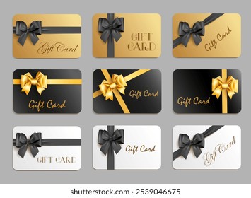 Stylish Gift card design template with gold and black bow and ribbon. Vector set. Elements useful for shopping card, voucher, gift coupon 