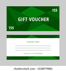 Stylish gift card with sample text on the white background and green polygonal elements. Vector gift voucher template. Standard scaled size: 210*99 mm (8,3*3,4 in)