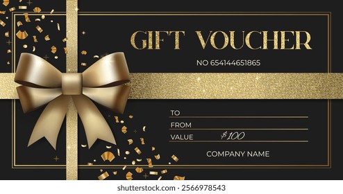 Stylish gift voucher with golden bow. Elegant template for gift card, coupon. Luxury gift voucher. Promo or flyer offer