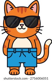 Stylish ginger cat wearing dark sunglasses and blue swimming trunks.