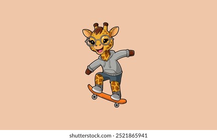 Elegante girafa skate em um capuz e óculos.