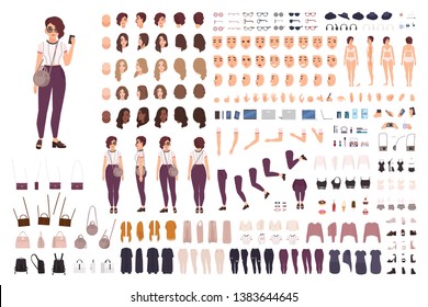 Stylish girl animation kit or creation set. Bundle of body parts, casual clothes, accessories. Trendy street style outfit. Female cartoon character. Front, side, back views. Flat vector illustration.