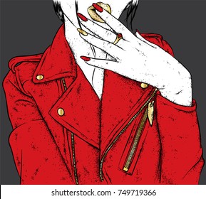 Stylish girl in a beautiful jacket. A girl with long nails and beautiful lips in lipstick. Vector illustration for a postcard or a poster, print for clothes. Fashion & Style.