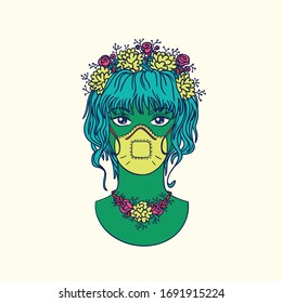 Stylish girl with bezel of flowers wearing medical mask. Coronavirus pandemic concept. Bright colored vector illustration of masked subcultural girl in hand-drawn style isolated on light background.