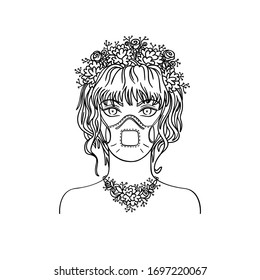 Stylish girl with bezel of flowers wearing medical mask. Coronavirus pandemic concept. Monochrome vector illustration of masked subcultural girl in hand-drawn style isolated on white background.