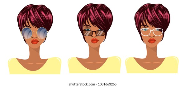 stylish girl, brunette with glasses, different glasses avatar, cartoon character