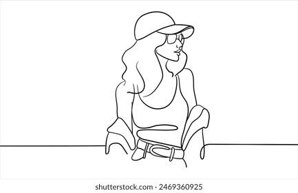 Stylish girl in a cap continuous line art drawing isolated on white background. Fashion woman. Vector illustration