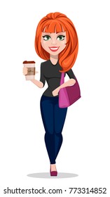 Stylish girl in casual clothes. Beautiful business woman in free style clothes holding handbag and coffee. Cute cartoon character businesswoman. Vector illustration.