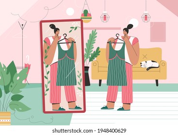 Stylish girl chooses new outfit standing in front of mirror at living room. Woman holding fashionable dress on hanger standing at dressing room. Shopping, style, fashion. Vector character illustration