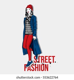 Stylish girl in coat, jeans and sneakers. Street fashion. Vector illustration.
