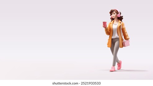 Chica con estilo con café escucha música en auriculares, 3D. Anuncio para conceptos publicitarios, ocio, relax, paseos, descanso, ropa de moda. Ilustración vectorial