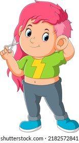The stylish girl is cutting her hair by herself while standing of illustration