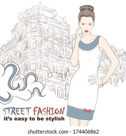 Stylish girl in dress on the street vector illustration