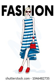 Stylish girl in a dress, shoes and with a bag. Fashion and style of 90s. Vector illustration.