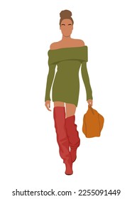 Stylish girl dressed in trendy clothes. Fashionable young woman in casual street style outfit - sweater dress and high boots. Cartoon realistic vector illustration isolated, white background.