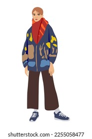 Stylish girl dressed in trendy vintage clothes. Fashionable young woman in casual outfit in retro 70s, 80s hippy, groovy, funky style. Cartoon colorful vector illustration isolated, white background.