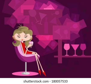 Stylish girl with drink glass sitting in couch