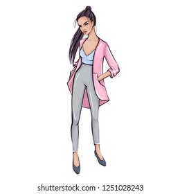 Stylish girl in fashion clothes. Hand drawn beautiful girl. Fashion woman. Sketch style. Vector illustration. Beautiful young brunette with long hair.