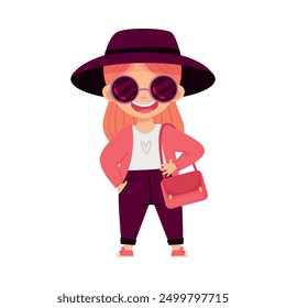 Stylish Girl in Fashion Jacket and Wide Brimmed Hat with Bag and Sunglasses Vector Illustration