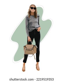 Stylish girl in fashionable clothes, beautiful girl fashionable woman. Vector illustration.