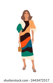 Stylish girl in fashionable long dress isolated.