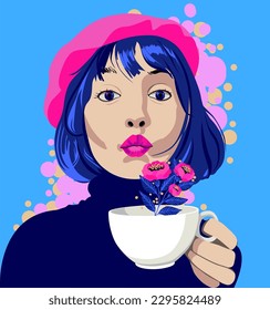 stylish girl, french woman, girl with a cup, blue hair, french style in clothes, 
a young beautiful woman with a short hairstyle in a beret sits in a cafe and drinks coffee