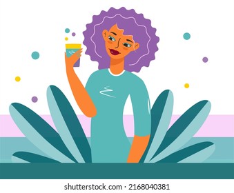Stylish girl with a glass of wine or juice. Design for summer beach banner, cover, poster in minimalist style. a woman drinks a multi-colored cocktail, rests, summer vacation, seaside vacation, party.