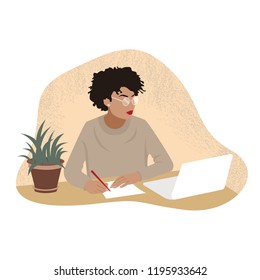 A stylish girl with glasses is working on the computer and writing. Beige background. Flat vector illustration