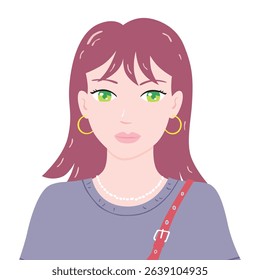 Stylish girl with green eyes wearing a gray t-shirt and holding a red shoulder bag flat design portrait isolated vector illustration