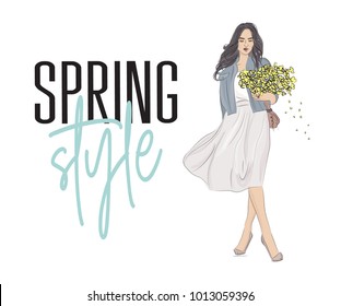 Stylish girl with grey hair in fashion clothes with flowers in hands. Hand drawn beautiful girl in fluffy skirt, jeans jacket and blouse. Fashion woman spring style poster. Sketch vector.
