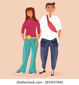 Stylish Girl And A Guy With A Fanny Pack. Additional Clothing Accessory Belly Pack. Bumbag Fashion Bag. Modern Flat Vector Illustration