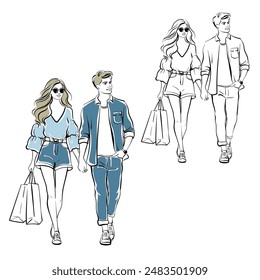 Stylish girl and guy in fashionable denim clothes, a couple in love walks together and holds hands. Vector line art illustration