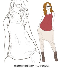 Stylish girl hand drawn vector illustration