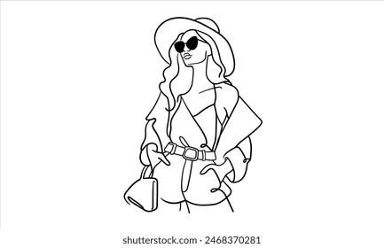 Stylish girl in a hat continuous line art drawing isolated on white background. Fashion Vector illustration