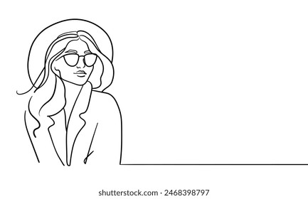 Stylish girl in a hat continuous line art drawing isolated on white background. Fashion woman. Vector illustration