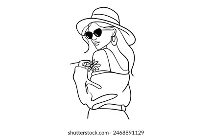 Stylish girl in a hat continuous line art drawing isolated on white background. Aristocratic Fashion woman. Vector illustration