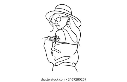 Stylish girl in a hat continuous line art drawing isolated on white background. Aristocratic Fashion woman. Vector illustration