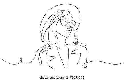 Stylish girl in a hat continuous line art drawing isolated on white background. Aristocratic Fashion woman. Vector illustration