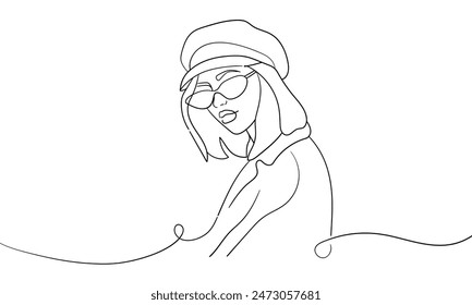 Stylish girl in a hat continuous line art drawing isolated on white background. Aristocratic Fashion woman. Vector illustration