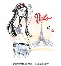 Stylish girl in a hat walking around Paris. Vector.